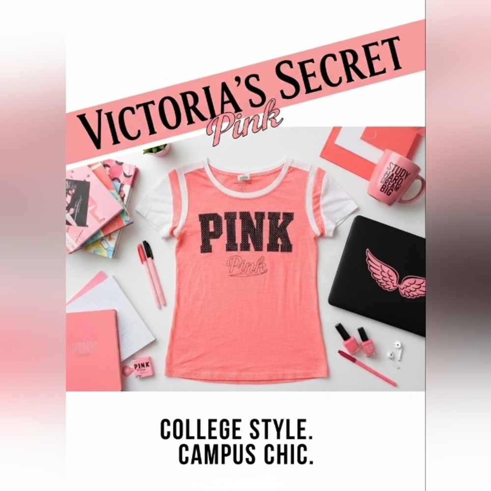 PINK Colorblock Polka Dot Logo T-Shirt Large